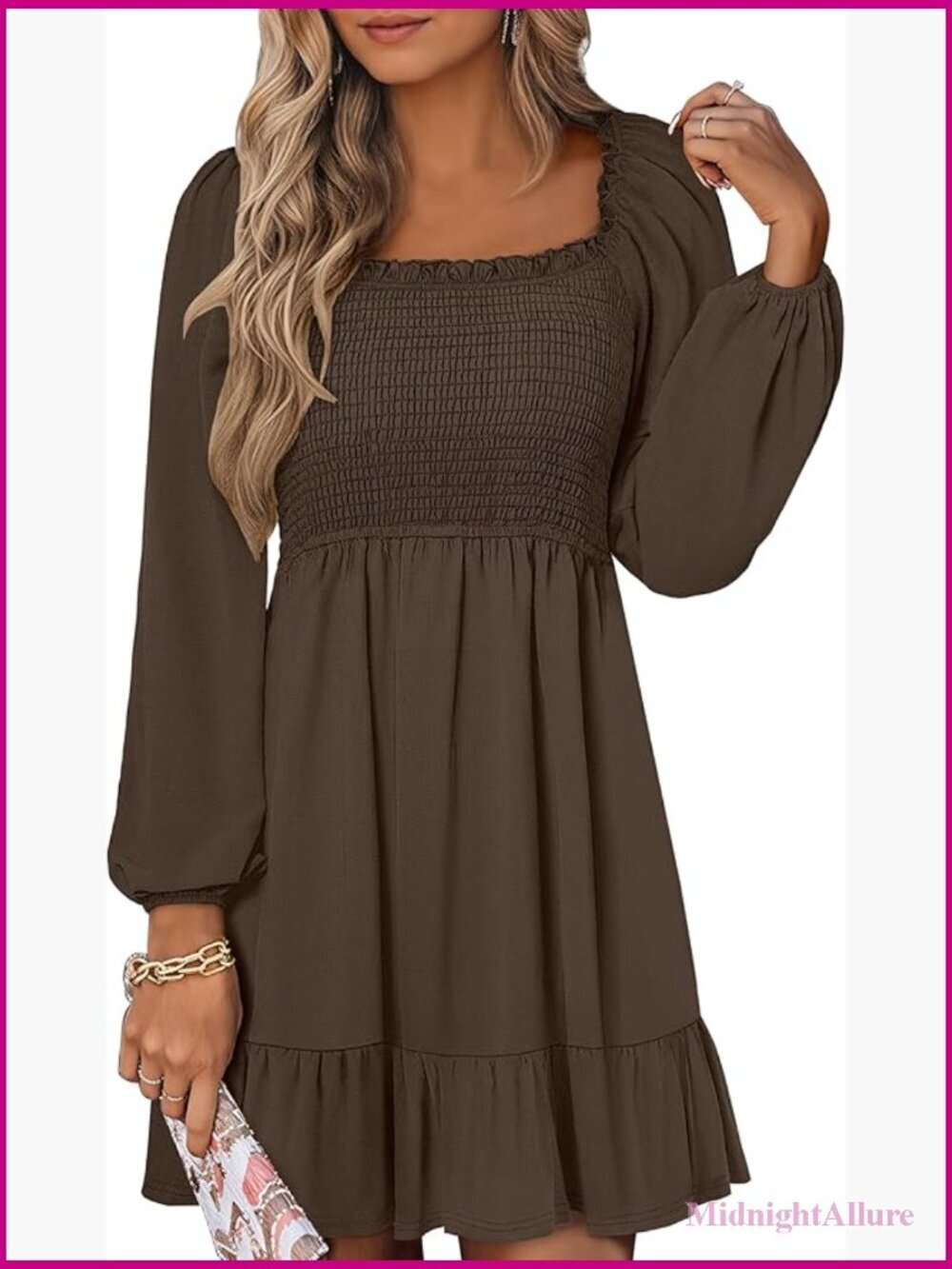 Womens Lantern Sleeve Square Neck Dress Smocked High Waist Tiered Ruffle Swing